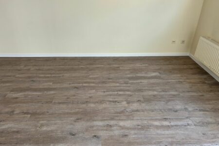 Großzügiger Raum mit neu verlegtem Laminatboden und Fußleisten.