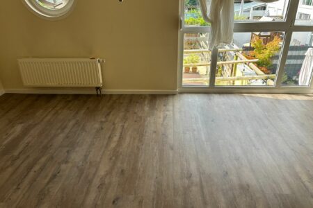Wohnbereich mit modernem Laminatboden und Zugang zur Terrasse.